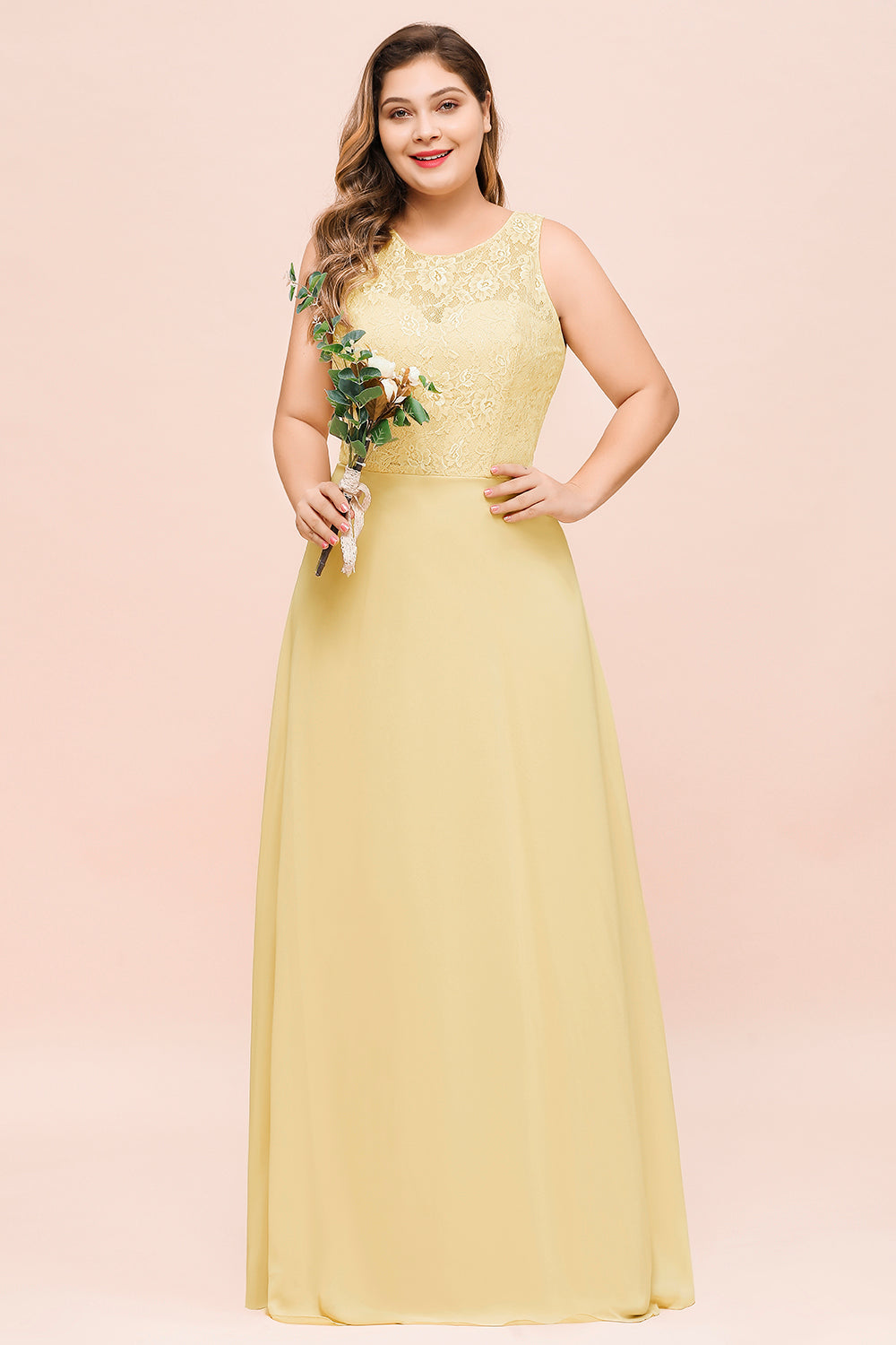 Load image into Gallery viewer, Plus Size Lace Sleeveless Affordable Daffodil Bridesmaid Dress-27dress
