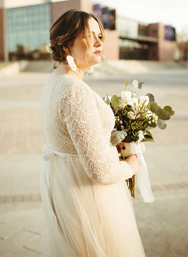 Plus Size Long A-line Lace Pleats Tulle Long Sleeves Wedding Dresses-27dress
