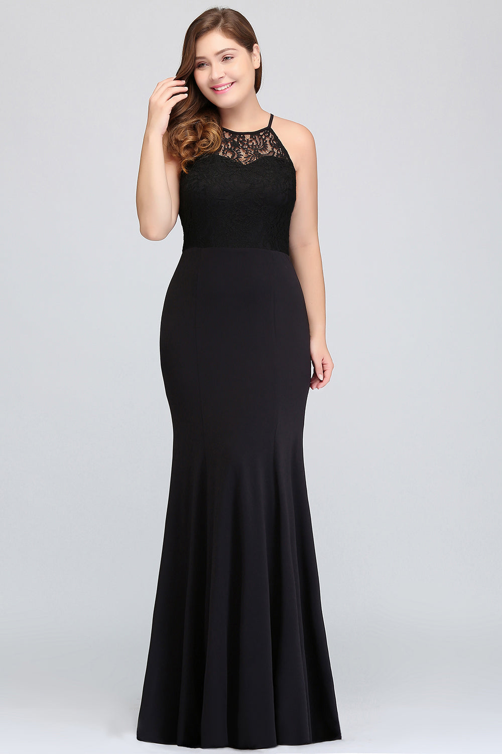 Plus Size Mermaid Jewel Lace Black Bridesmaid Dress Online-27dress