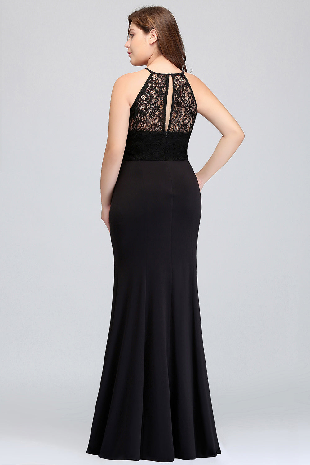 Plus Size Mermaid Jewel Lace Black Bridesmaid Dress Online-27dress