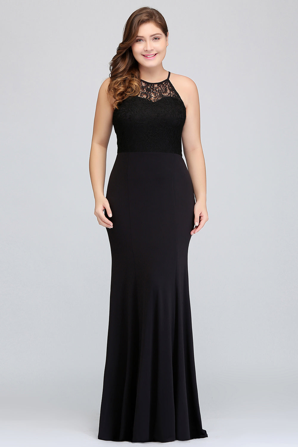Plus Size Mermaid Jewel Lace Black Bridesmaid Dress Online-27dress