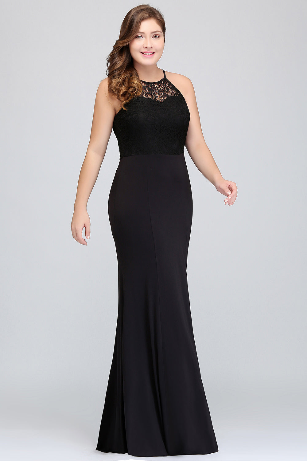 Plus Size Mermaid Jewel Lace Black Bridesmaid Dress Online-27dress
