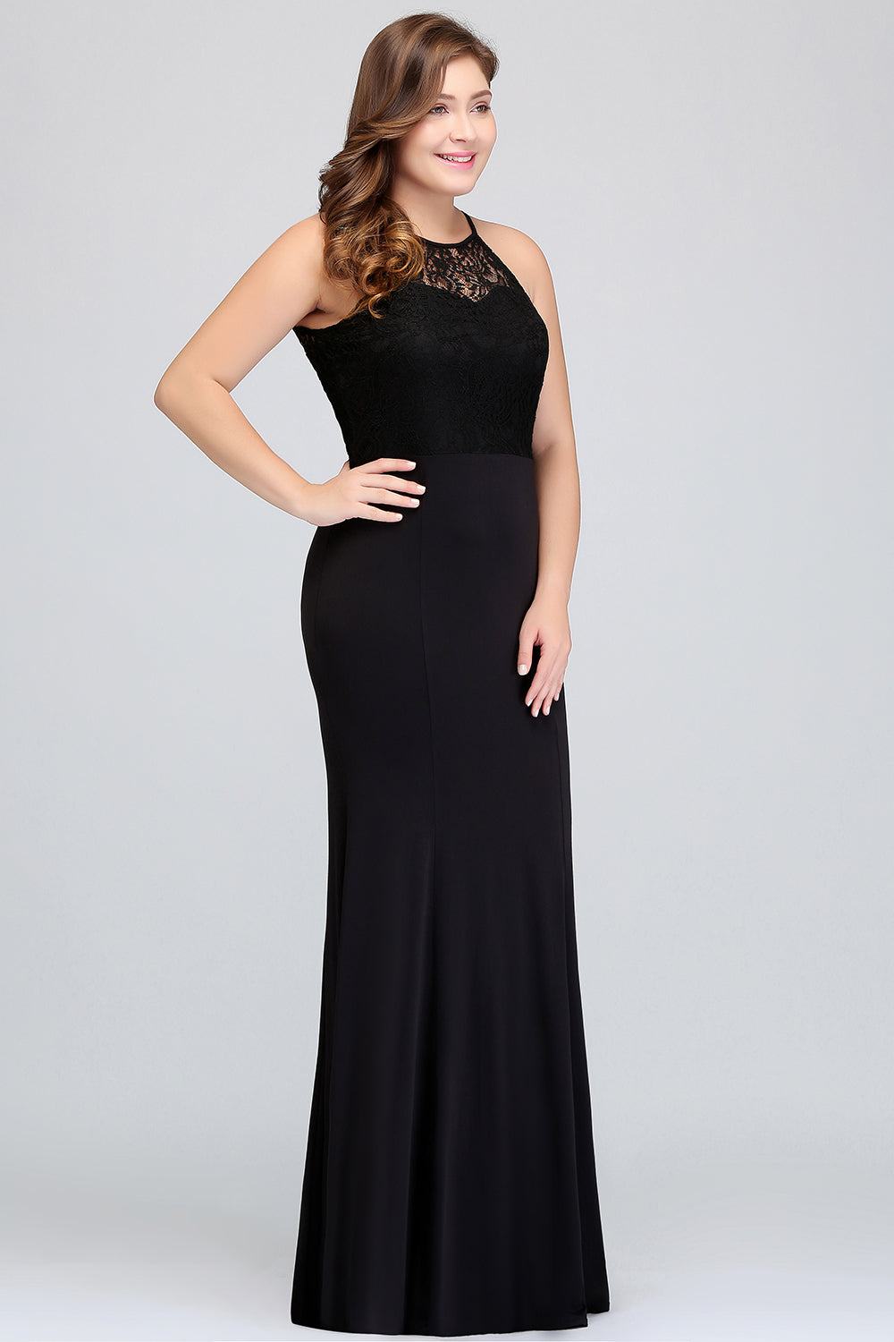 Plus Size Mermaid Jewel Lace Black Bridesmaid Dress Online-27dress