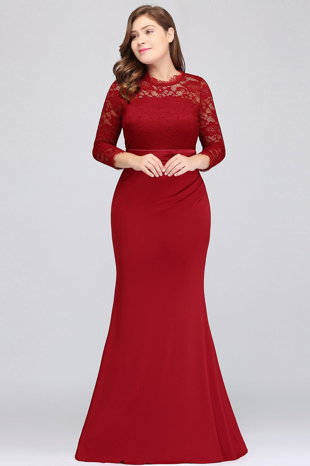 Plus Size Mermaid Long Red Lace Bridesmaid Dresses with 3/4 Sleeves-27dress