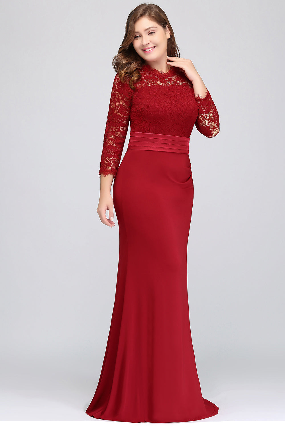 Plus Size Mermaid Long Red Lace Bridesmaid Dresses with 3/4 Sleeves-27dress
