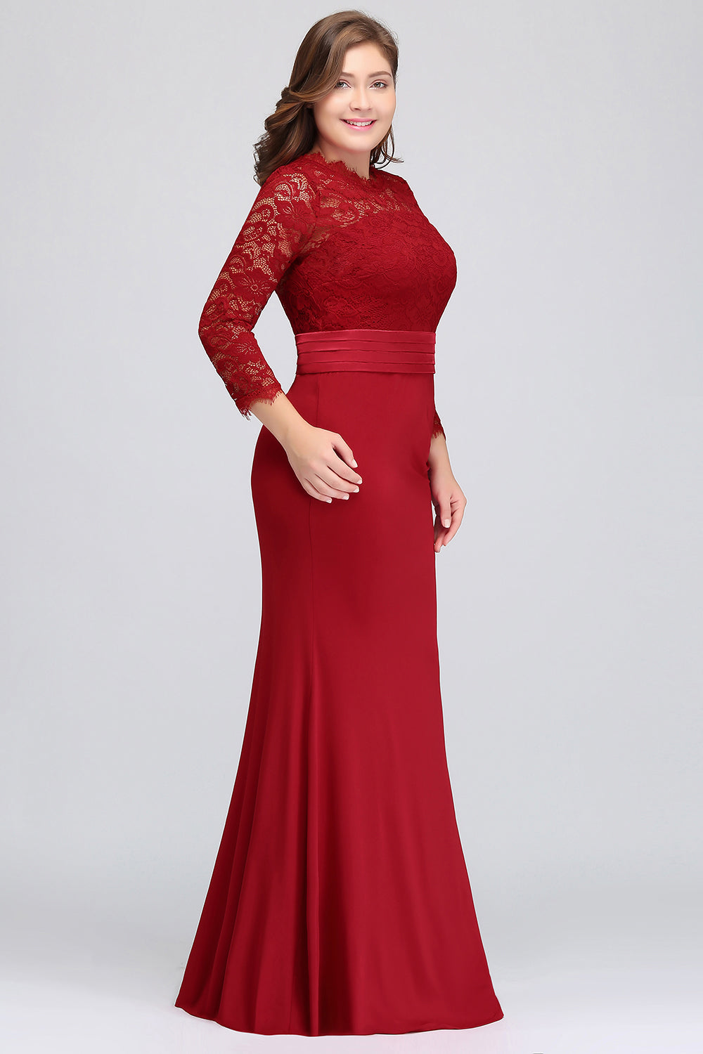 Plus Size Mermaid Long Red Lace Bridesmaid Dresses with 3/4 Sleeves-27dress