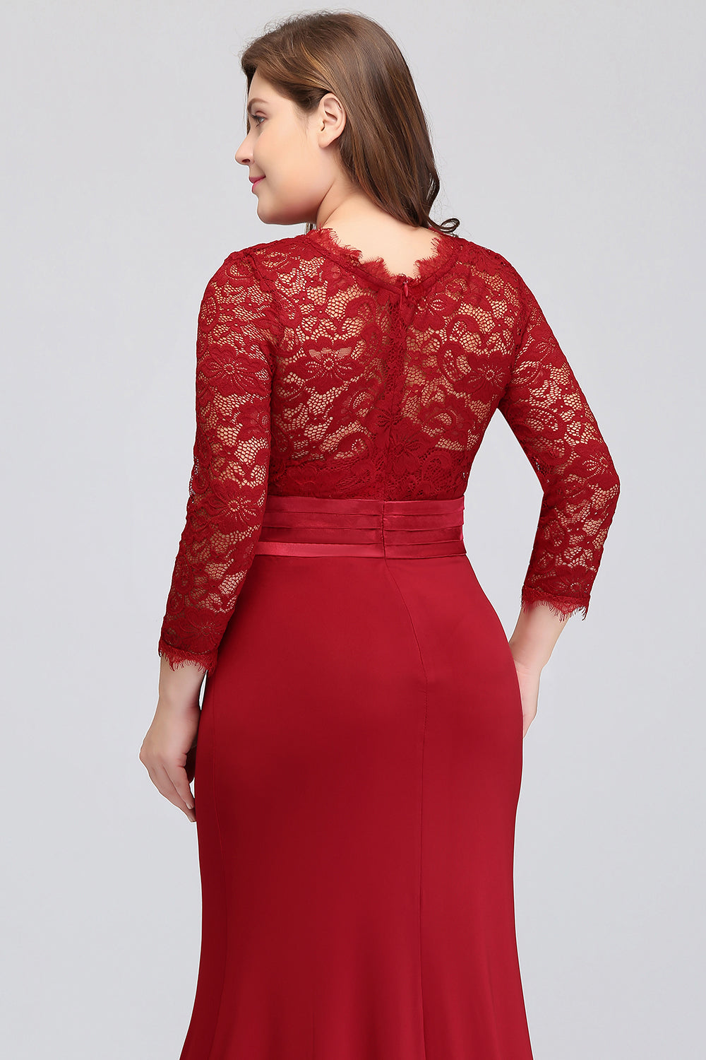 Plus Size Mermaid Long Red Lace Bridesmaid Dresses with 3/4 Sleeves-27dress