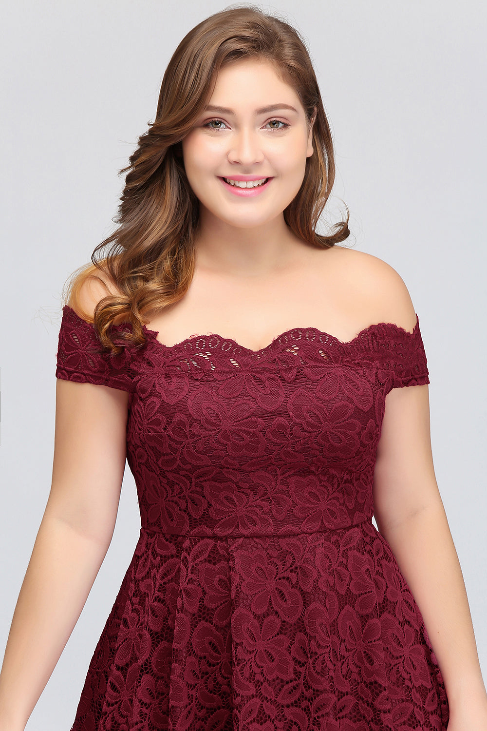 Plus Size Off-the-Shoulder Burgundy Lace Short Bridesmaid Dress Online 27dress Plus Size Off-the-Shoulder Burgundy Lace Short Bridesmaid Dress Online 27dress