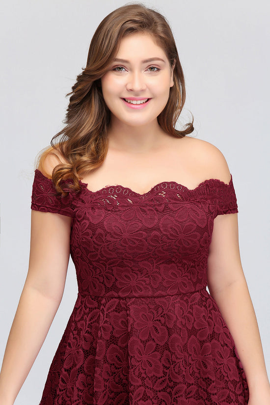 Plus Size Off-the-Shoulder Burgundy Lace Short Bridesmaid Dress Online-27dress