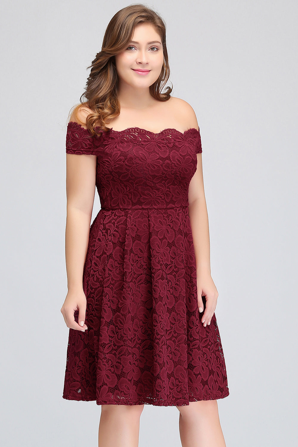 Plus Size Off-the-Shoulder Burgundy Lace Short Bridesmaid Dress Online 27dress Plus Size Off-the-Shoulder Burgundy Lace Short Bridesmaid Dress Online 27dress