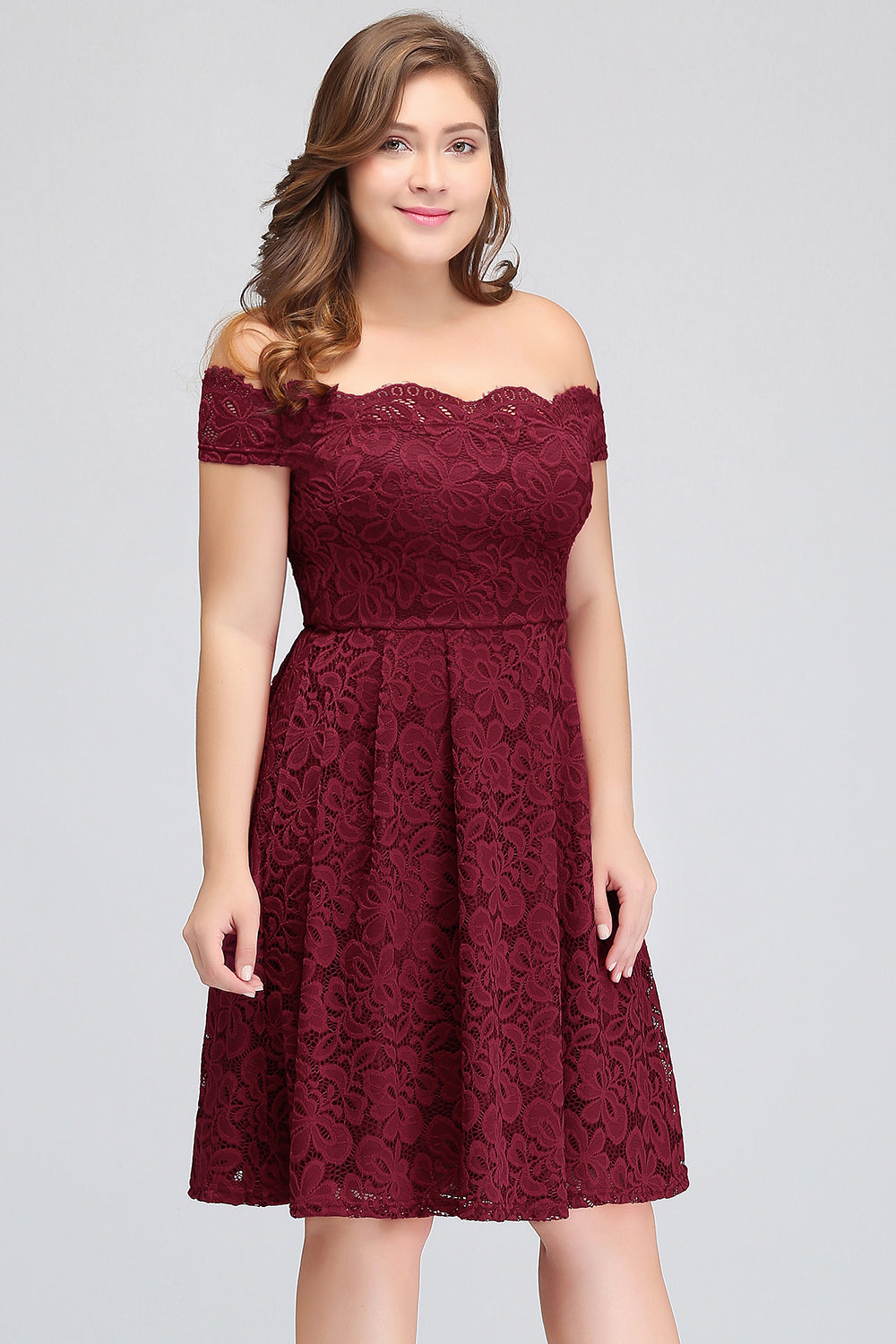 Plus Size Off-the-Shoulder Burgundy Lace Short Bridesmaid Dress Online-27dress
