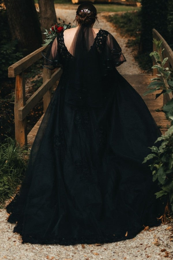 27DRESS Black V-neck Half Sleeves Plus Size A-line Wedding Dresses