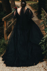 27DRESS Black V-neck Half Sleeves Plus Size A-line Wedding Dresses