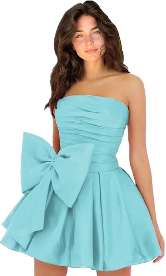 Chic Short A-line Sleeveless Strapless Ruched Lace Up Homecoming Dresses with Bow