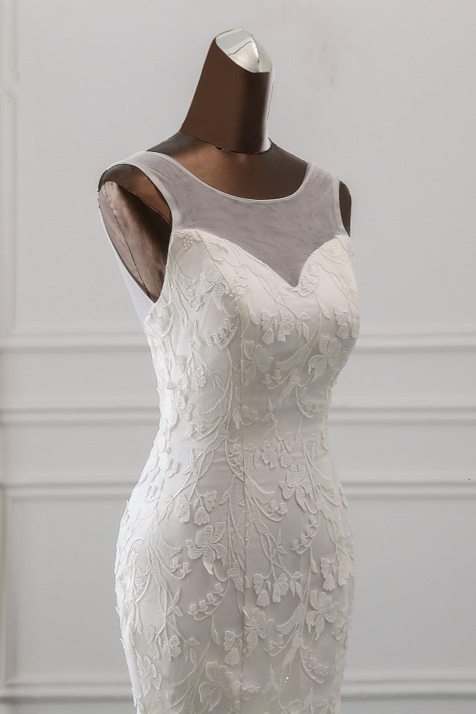 Popular Jewel Sleeveless White Mermaid Wedding Dresses with Appliques-27dress