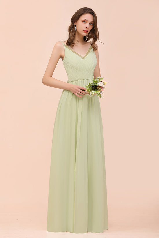 Popular V-Neck Sage Chiffon Affordable Bridesmaid Dress with Low Back-27dress