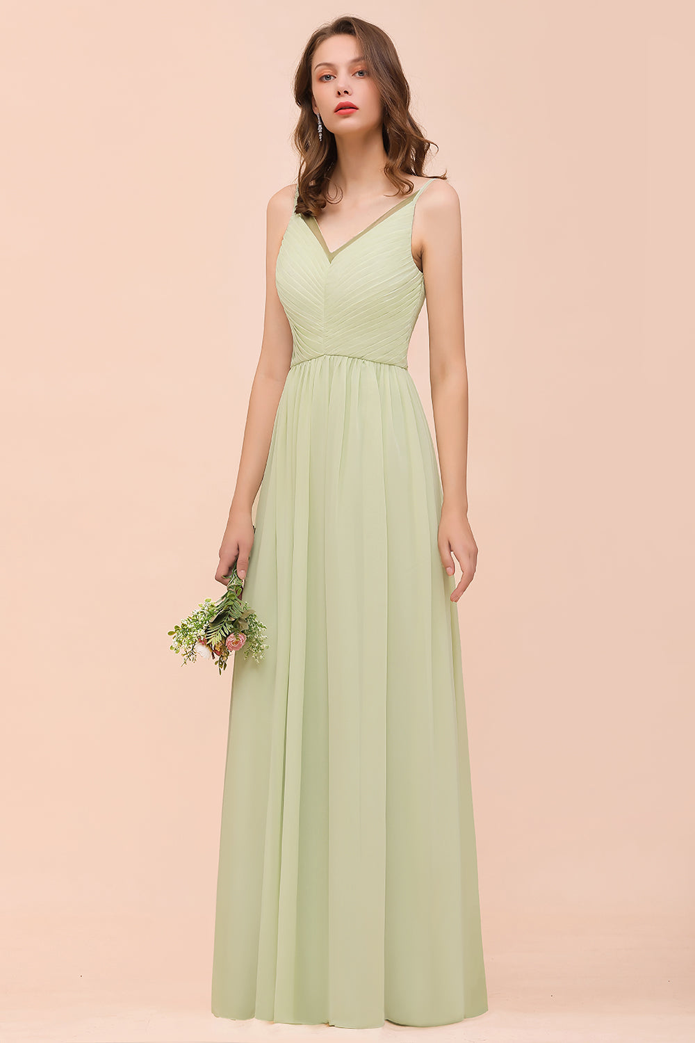 Popular V-Neck Sage Chiffon Affordable Bridesmaid Dress with Low Back-27dress