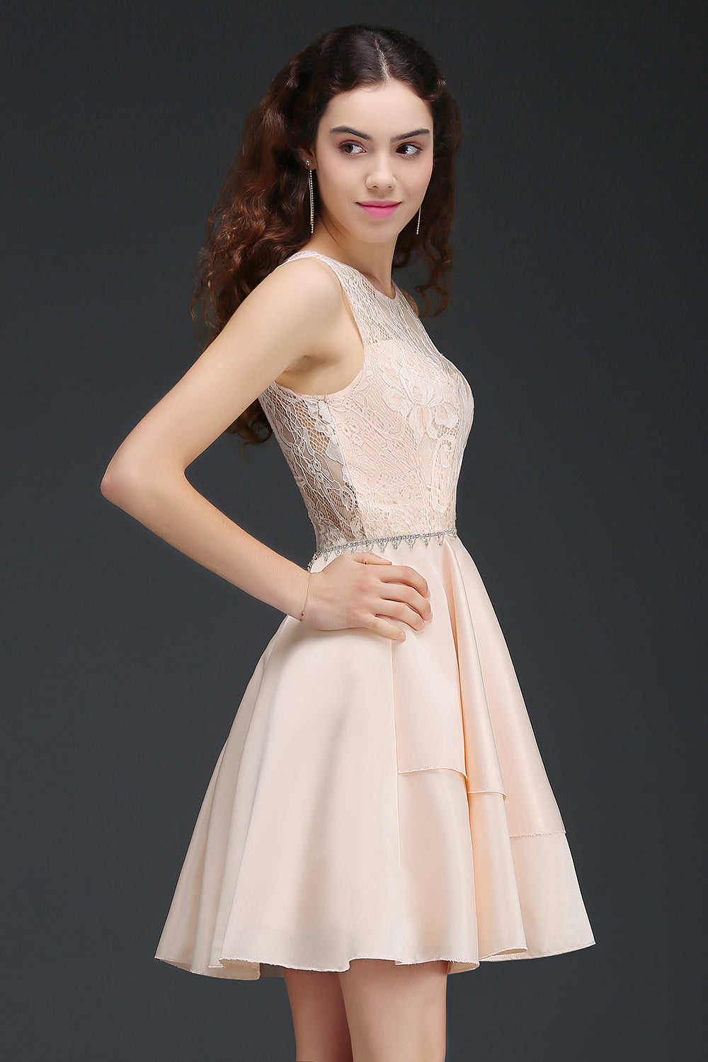 Pretty Lace Backless Short Pink Bridesmaid Dresses with Beadings-27dress