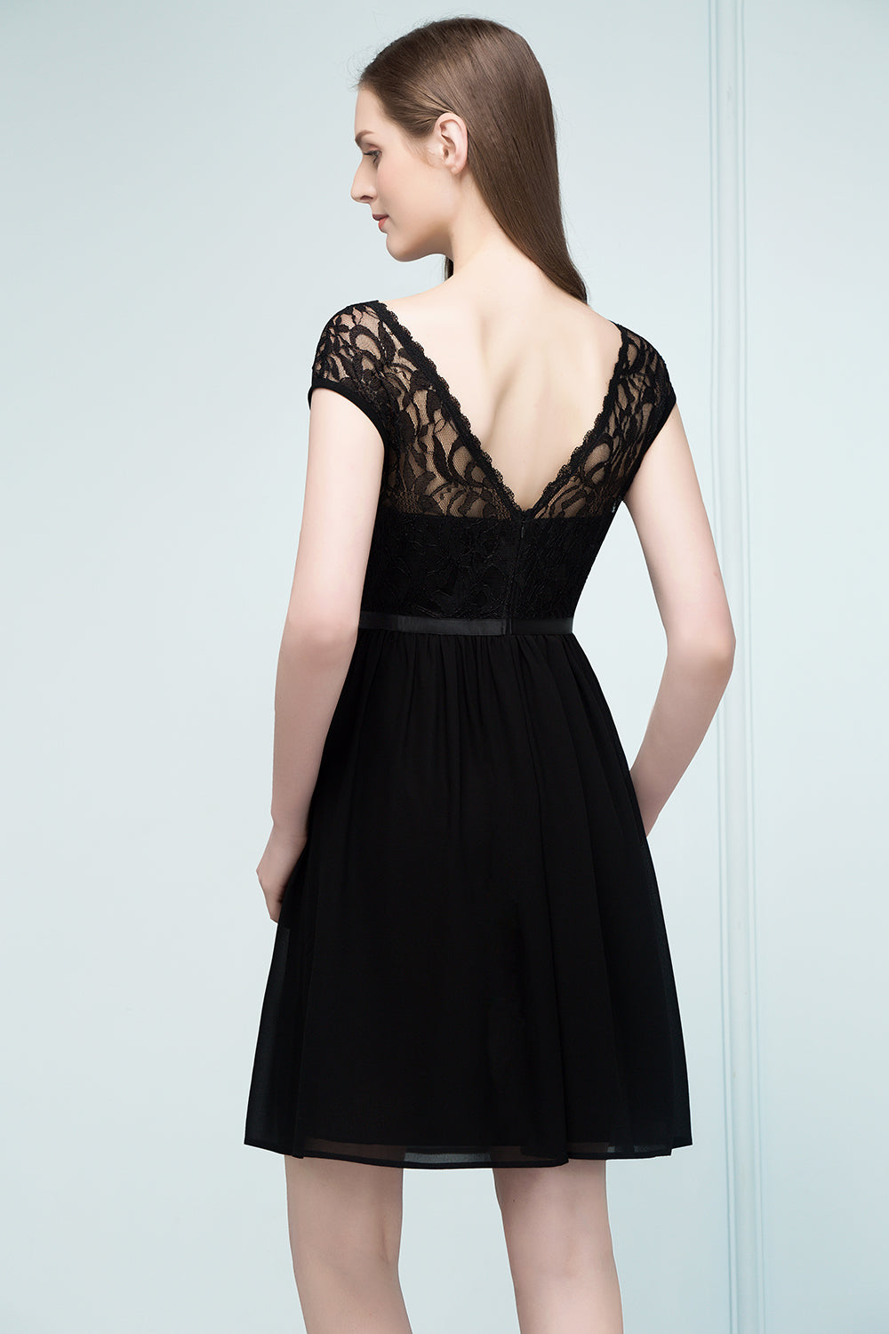 Pretty Scoop Sleeveless Black Lace Short Junior Bridesmaid Dress-27dress