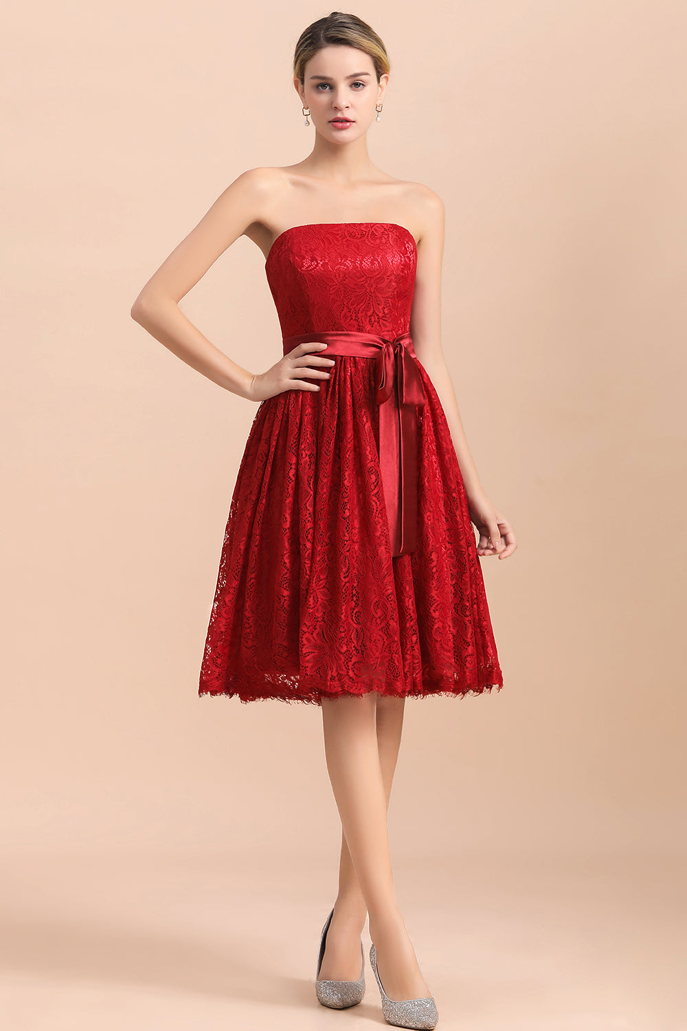 Pretty Strapless Red Lace Bridesmaid Dresses Sleeveless 27dress Pretty Strapless Red Lace Bridesmaid Dresses Sleeveless 27dress