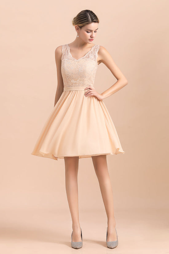 Load image into Gallery viewer, Pretty V-Neck Chiffon Lace Short Bridesmaid Dress with Ruffles Online-27dress
