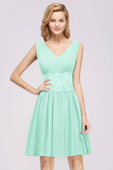 Pretty V-Neck Short Sleeveless Lace Bridesmaid Dresses Online-27dress