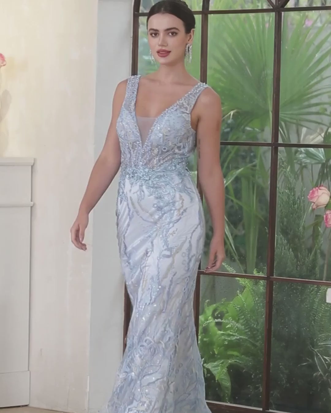Sky Blue V-neck Mermaid Long Prom Dress with Lace Applique-27dress