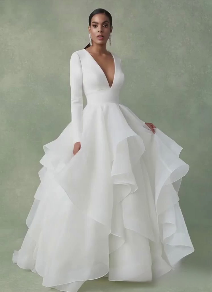 27DRESS Long Ball Gown V-neck Ruffles Tulle Wedding Dresses with Sleeves
