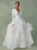 27DRESS Long Ball Gown V-neck Ruffles Tulle Wedding Dresses with Sleeves