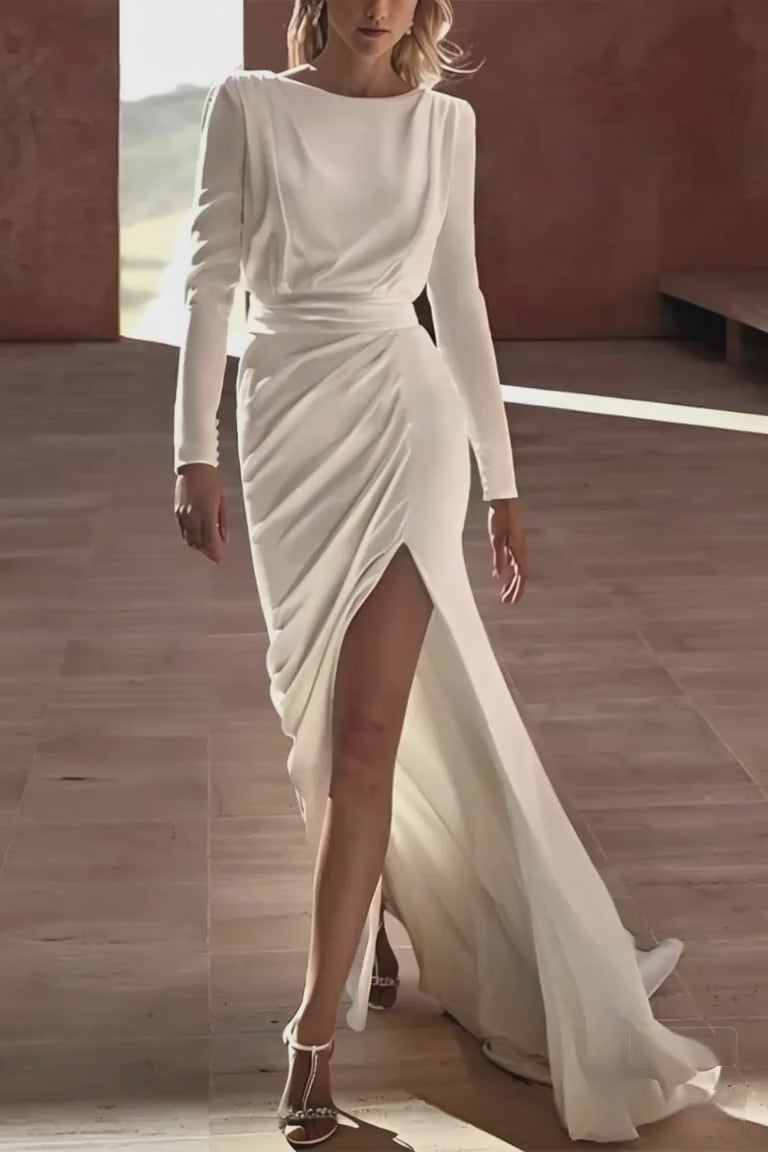 27DRESS Long Mermaid Cowl Back Satin Backless Wedding Dress With Sleeves