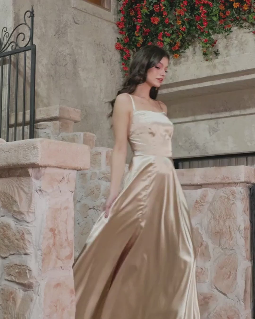 A-line Spaghetti Straps Satin Floor Length Prom Dress with Side Slit-27dress
