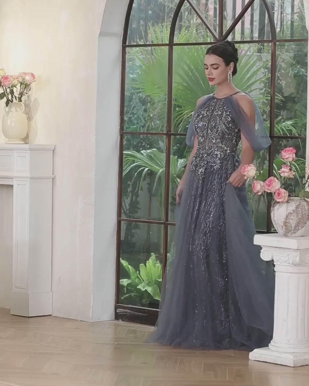 A-line Halter Tulle Long Prom Dresses with Lace Applique and Beaded-27dress