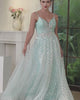 Mint V Neck Sleeveless A-line Long Prom Dress with Lace Applique-27dress
