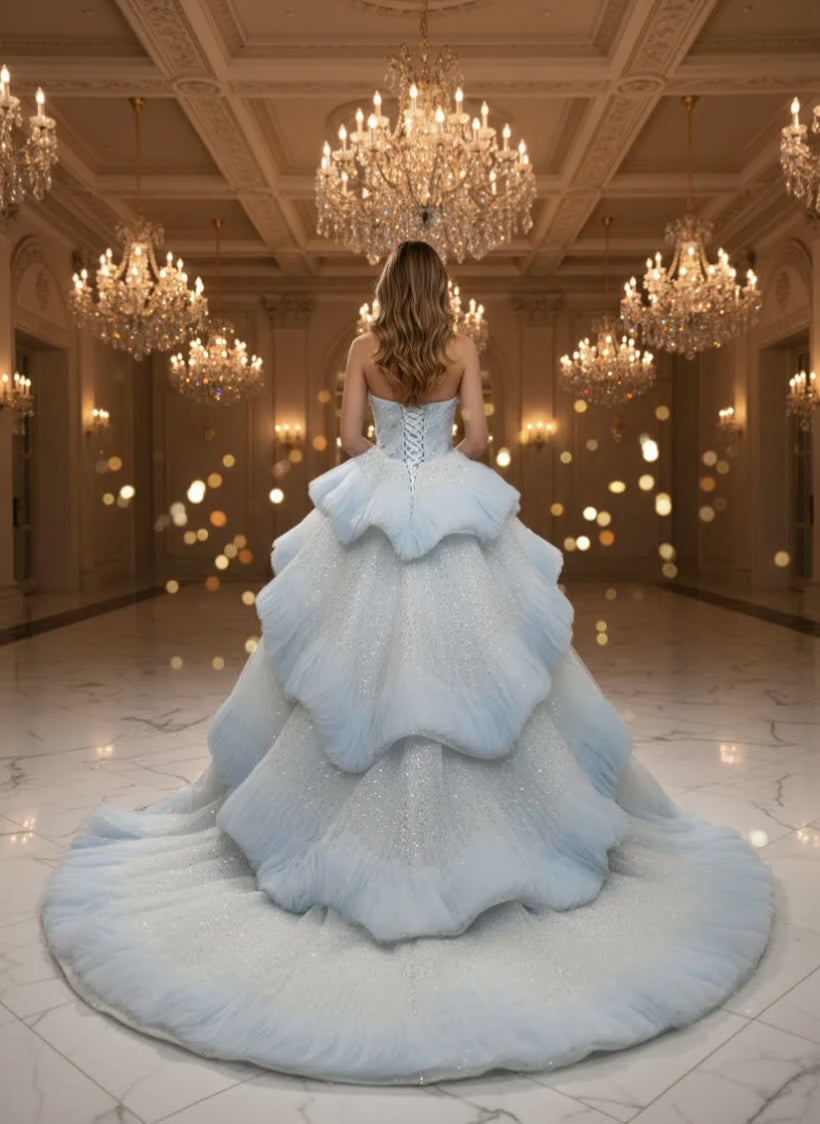 Blue Strapless Long Sequined Ball Gown Prom Dress