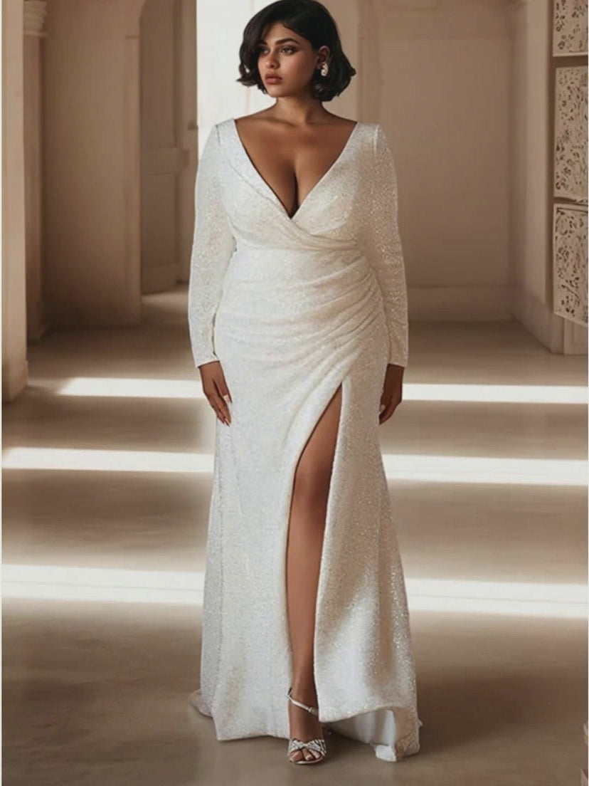 27Dress Long Sleeves Sequined V-Neck Mermiad Backless Wedding Dresses With Split Front