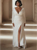 27Dress Long Sleeves Sequined V-Neck Mermiad Backless Wedding Dresses With Split Front