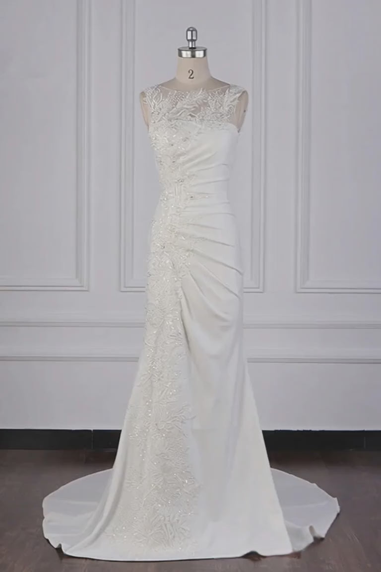 27Dress Gorgeous Long Jewel Sleeveless Mermaid Satin Lace Backless Wedding Dresses