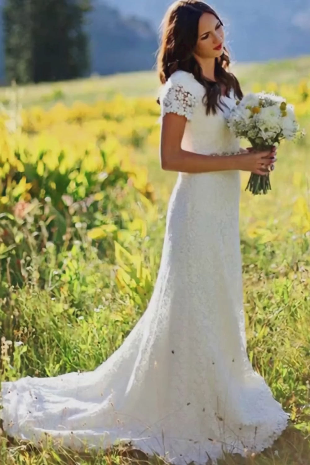 Sheath Short Sleeves Lace Boho Applique Wedding Dresses with Sweep Train-27dress