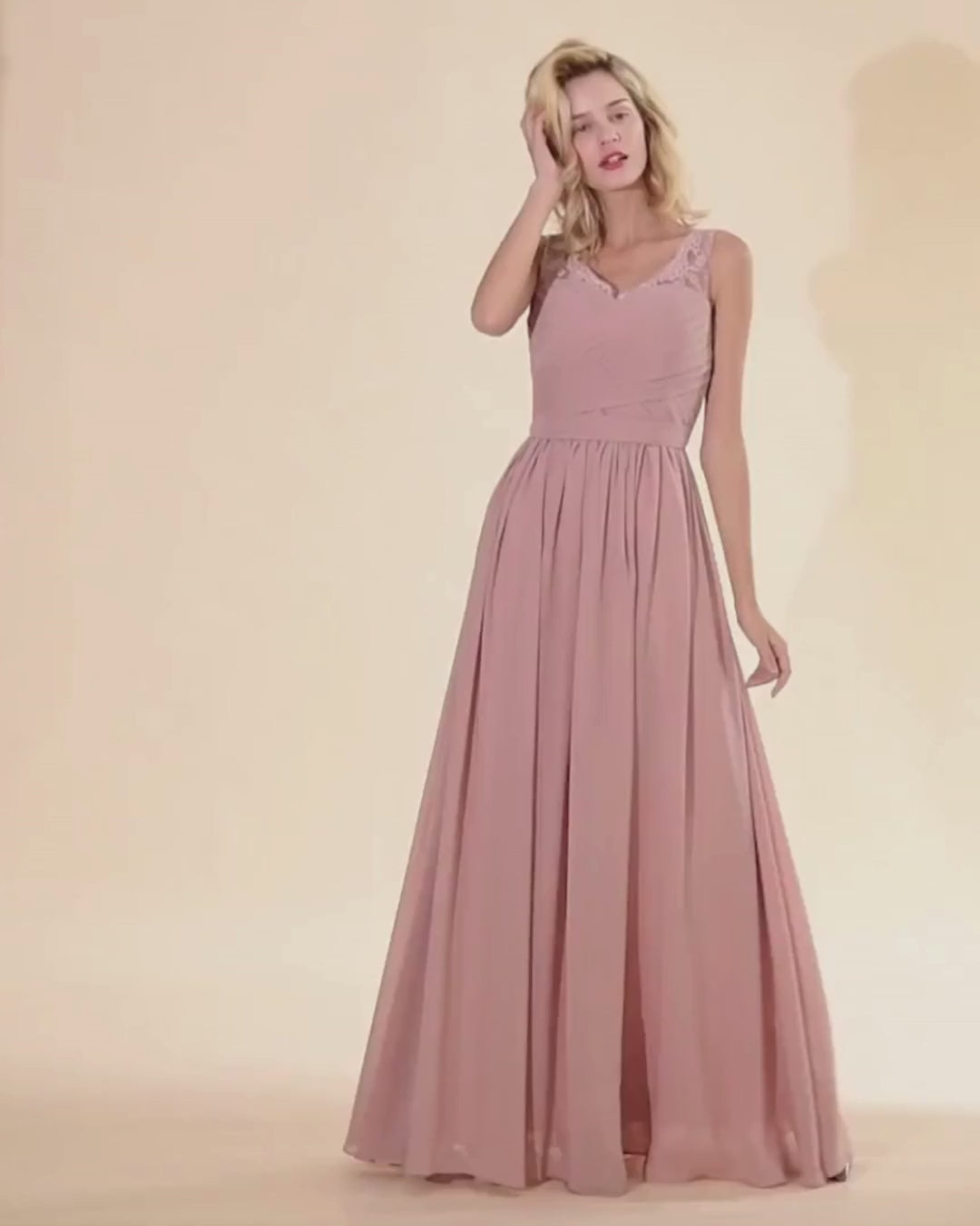 Long A line V-neck Ruffle Sleeveless Chiffon Bridesmaid Dress-27dress