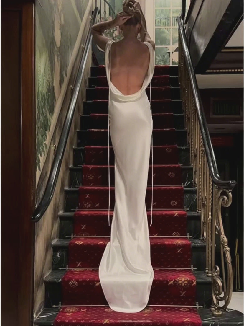 27DRESS Beach White Long Mermaid Satin Open Back Wedding Dress