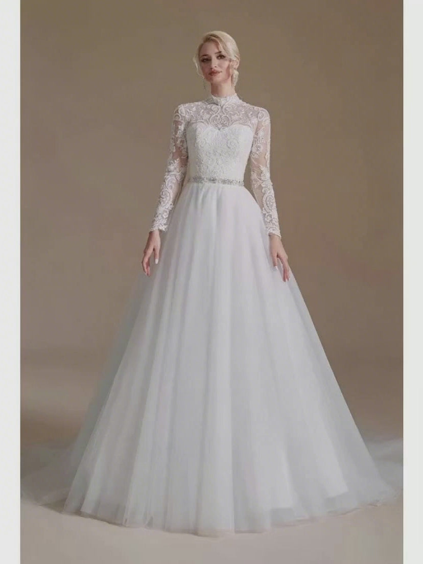 27DRESS Modest Long A-line High Neck Tulle Lace Wedding Dresses with Sleeves