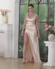 Champagne Satin V-neck Sheath Long Prom Dress with Slit-27dress