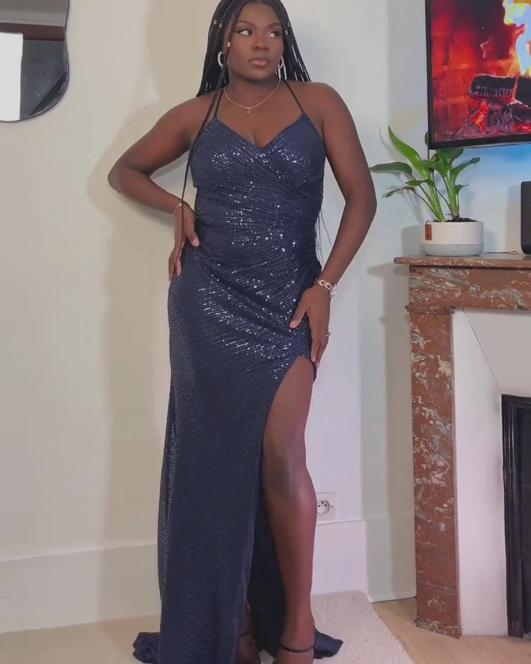 Sexy Long Mermaid V-Neck Glitter Sequin Floor Length Prom Dress with Slit-27dress