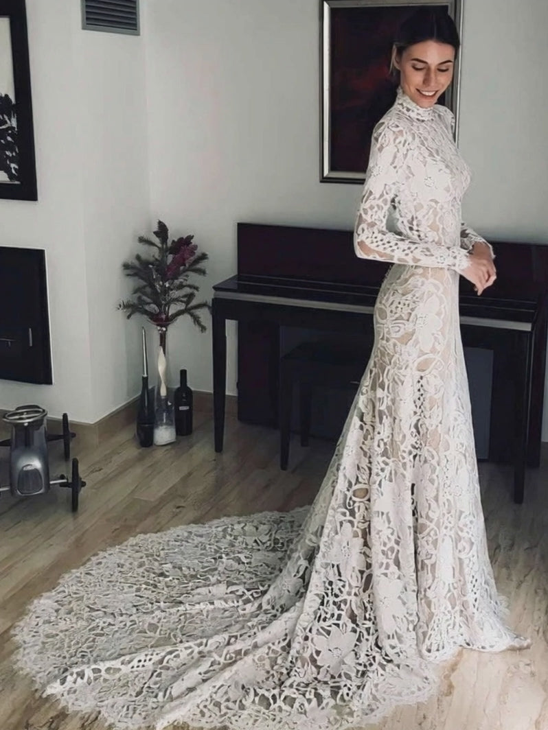 27DRESS Glamorous Mermaid High Neck Lace Long Sleeves Court Train Wedding Dresses