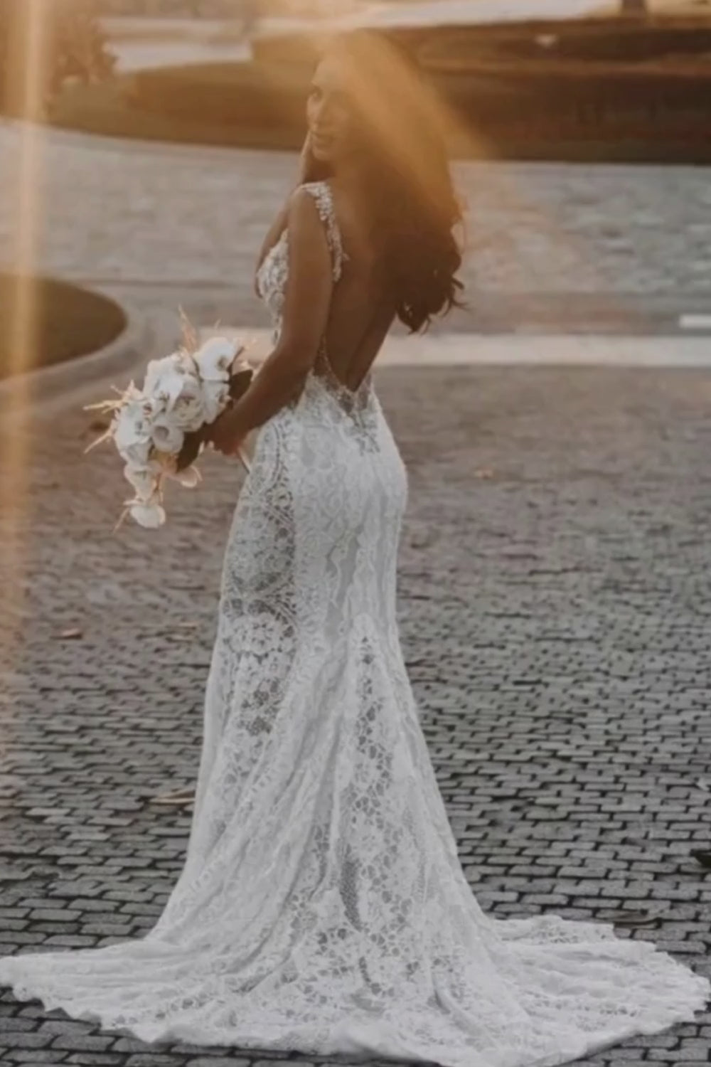 Sleeveless Mermaid Backless Lace Wedding Dress with Beading From 27dress