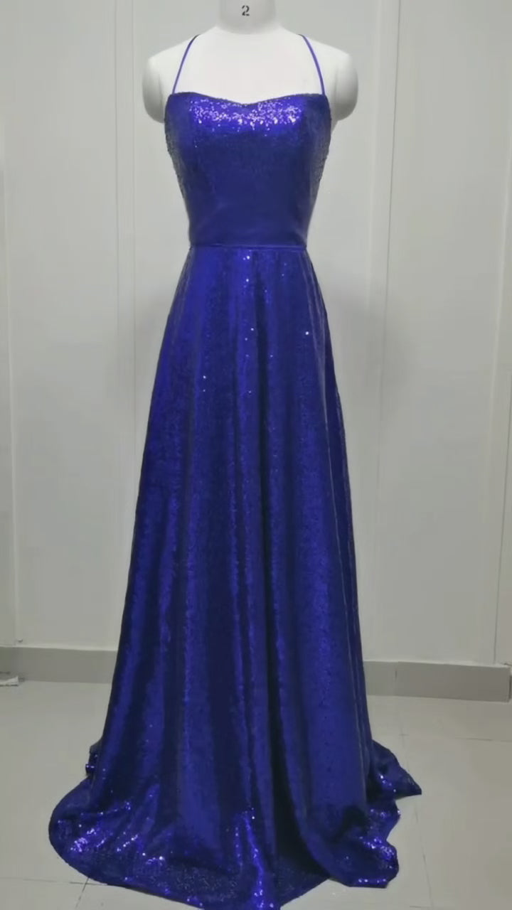 Elegant Long A-line Sequined Open Back Formal Dresses