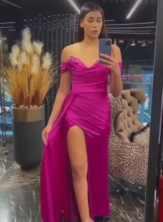 Elegant Off-the-Shoulder Mermaid Split Sleeveless Prom Dress with Sweep Train