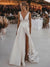 27DRESS White Long A-line V-neck Satin Backless Wedding Dresses with Slit