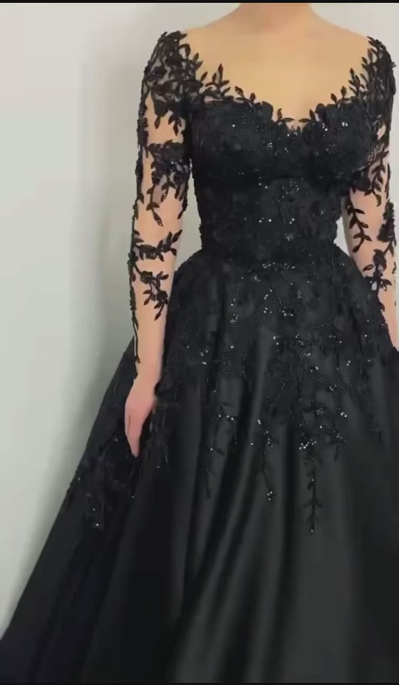 Black Long Sleeves A-Line Sweetheart Lace Satin Wedding Dress with Sweep Train