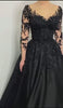 Black Long Sleeves A-Line Sweetheart Lace Satin Wedding Dress with Sweep Train